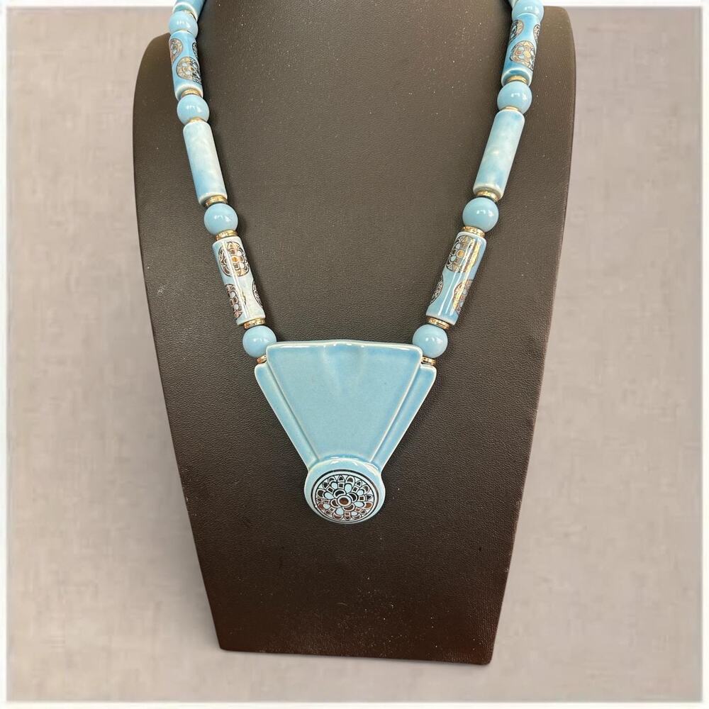 Vintage Japan Ceramic Necklace, 1960s Blue Glazed Pendant, Mod Jewelry